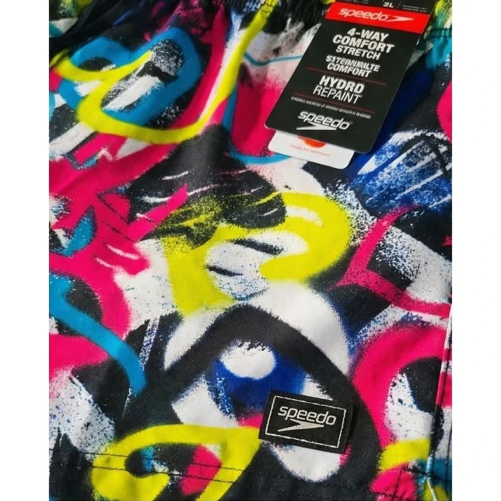 Speedo Mens‎ XL Volley Swim Trunks Purple Abstract Graffiti 4-Way Stretch NWT